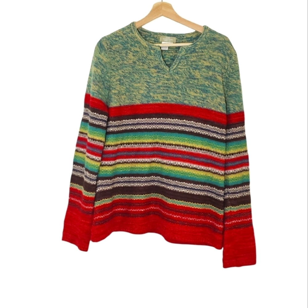 The Territory Ahead wool linen silk multi color v cut stripe long sleeve sweater